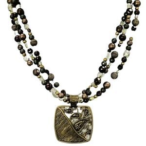 Coldwater Creek Gold Tone Paisley Square Pendant Multi Strand Beaded Necklace